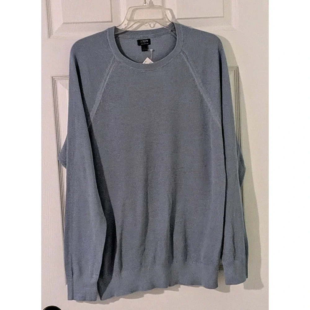 J. Crew Mens Cotton Crew Neck Long Sleeve Waffle Knit Sweater Blue Large NWT $90